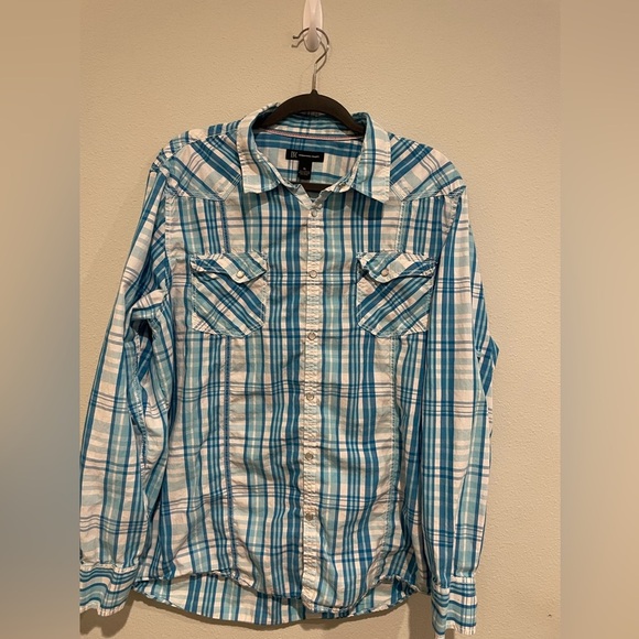 Inc International Concepts women’s turquoise and white plaid shirt with … - Picture 1 of 4